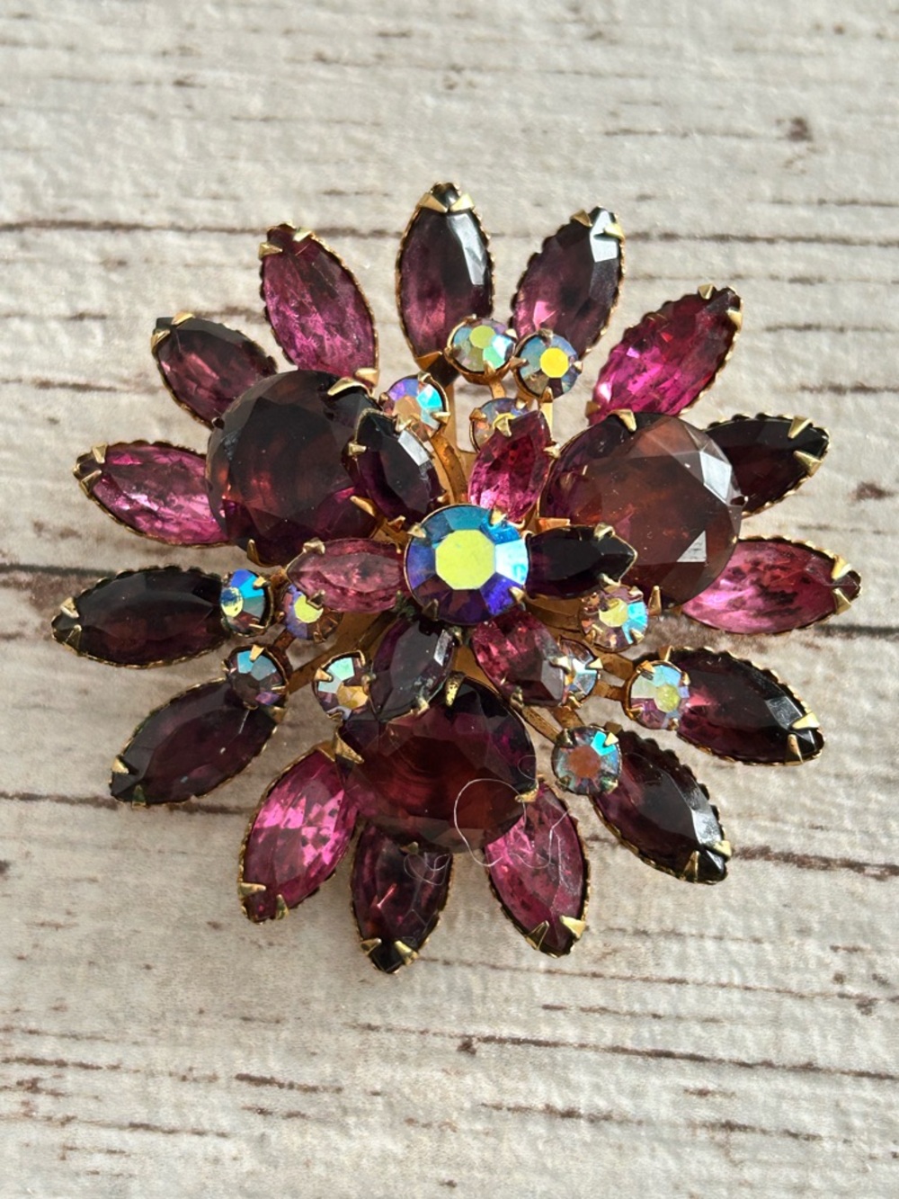 Gold-Tone Pink Crystal Floral Brooch - Pink Rhinestone Flower Pin - Picture 4 of 6